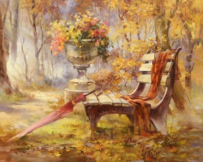 Maľovanie podľa čísiel Zátišie s lavičkou a dáždnikom
