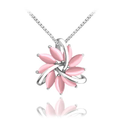 Minet Elegantný strieborný náhrdelník kvietky s růžovým mačacím okien