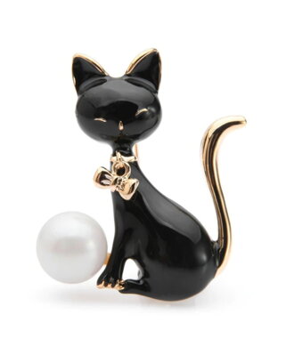 Brošňa Mačička s perlou čierna