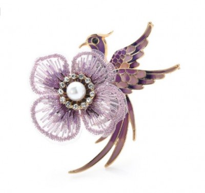 Brošňa Miranda Kvet s vtáčikom PK001 fialový