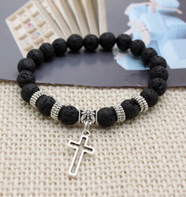 Lávový náramok Stone Beads Cross Black