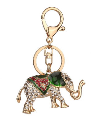 Prívesok na kabelku a kľúče Slon s kryštálmi zelený
