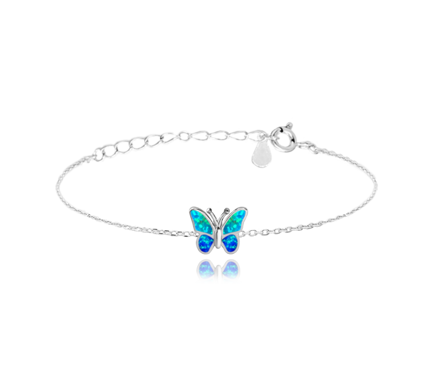 Minet náramok - Trblietavý strieborný náramok motýlik s modrým opálom 