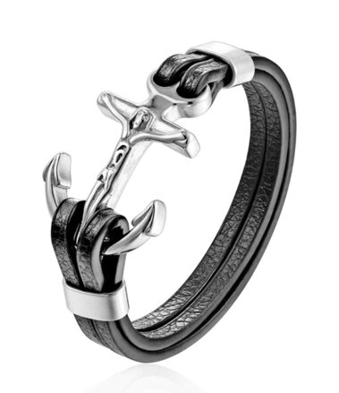 Kožený náramok s kotvou a krížom Black-Silver PG529