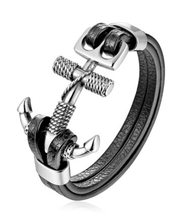 Kožený náramok s kotvou Black-Silver PG531