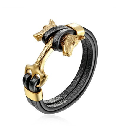 Kožený náramok Viking Vlci gold