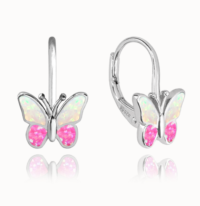 MINET Třpytivé stříbrné náušnice MOTÝLCI s modrým opálem